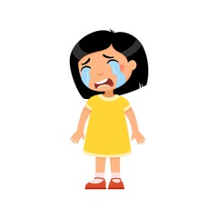 Crying sad little girl flat vector illustration. Upset asian child with tears on face standing alone cartoon character. Lonely kid in bad mood, person unhappy expression isolated on white background