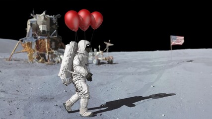 Astronaut walking on the moon with red balloons. Elements of this video furnished by NASA. 3d rendering.