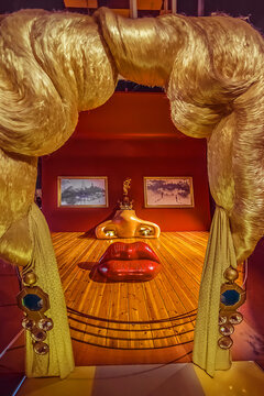 Fragment of famous Mae West&rsquo;s room: Nostrils like fireplace, lips like sofa and eyes like Seine River view on complete Mae West&rsquo;s face. Dali's Theatre-Museum. FIGUERAS, SPAIN. September 21, 2016.