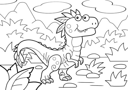 cartoon prehistoric dinosaur velociraptor, coloring book, funny illustration