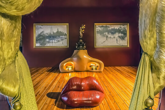 Fragment of famous Mae West’s room: Nostrils like fireplace, lips like sofa and eyes like Seine River view on complete Mae West’s face. Dali's Theatre-Museum. FIGUERAS, SPAIN. September 21, 2016.