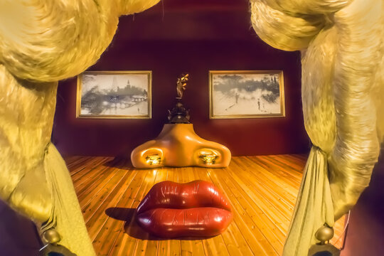 Fragment of famous Mae West&rsquo;s room: Nostrils like fireplace, lips like sofa and eyes like Seine River view on complete Mae West&rsquo;s face. Dali's Theatre-Museum. FIGUERAS, SPAIN. September 21, 2016.