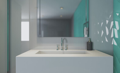 Spacious bathroom in gray tones with heated floors, freestanding tub. 3D rendering.