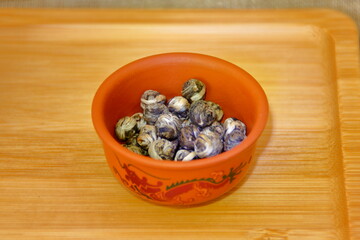 Green tea  cup on the  bamboo background.