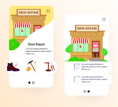 Vector web site onboarding screens template. Shoe Repair. Menu banners for website and mobile app development.