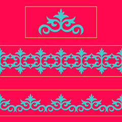 Set of 2  seamless border and 1 vector ornamental elements with motifs of Kazakh, Kyrgyz, Tatar, national Asian decor for borders, textile, plate, tile, and print design. Workpiece for your design.
