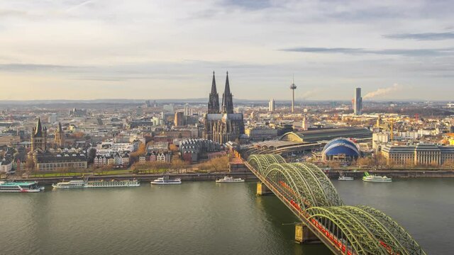 Time Lapse of Aerial View Cologne city and Cathedral with Hohenzollern Bridge, Cologne, Germany