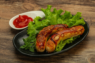 Roasted chicken white sausages with ketchup