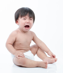 Baby sitting and crying isolated on a white background