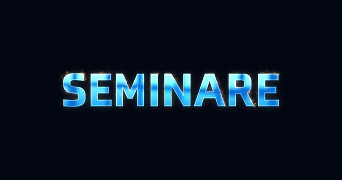 Das Wort Seminare. Intro Logo elektrisch (Blitze). Text blau. Opener Animation 4K