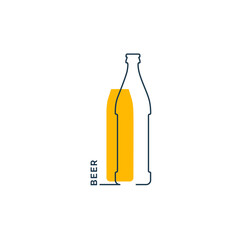 Bottle continuous line beer in linear style on white background. Black thin outline and yellow fill. Modern flat style graphic design. Logo element illustration. Contour drink symbol