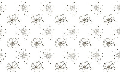 Flowers and a bug. Silhouettes. Contour drawing. A gentle pattern. Romantic background. Seamless vector texture.