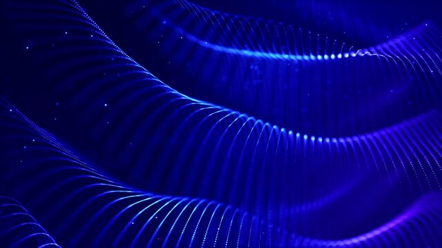 Glow blue particles form lines, surfaces, complex string structures in smooth motion like in microworld or space. 4k looped sci-fi particle background with bokeh and light effects.