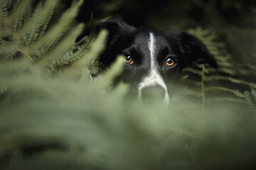isolated black and white border collie head portrait sitting among fern brackens
