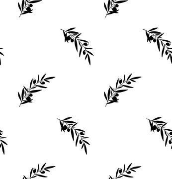 Greek olive oil. Branch with leaves and olives. Seamless pattern. Free hand vector illustration. Eps 8.