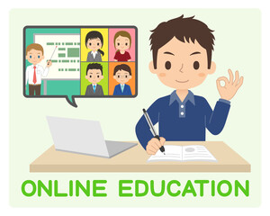 パソコンで勉強する男性　オンライン学習　イラスト