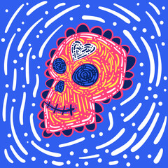 Fototapeta premium Dia de los muertos and Day of the dead. Mexican carnival concept with sugar festive skull. Fiesta, holiday poster, greeting card in doodle style. Stock vector illustration isolated on blue background.