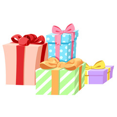 Many gift boxes, many colors decoration illustration. Clip art. Isolated on white background. Decoration, Sticker and pattern. For parties, celebrations, and festivals.