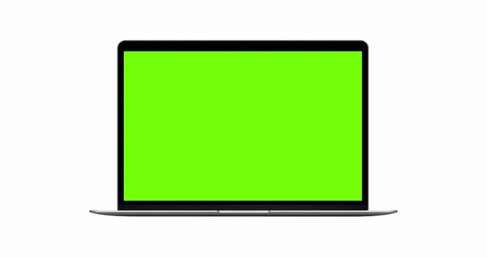 Laptop computer mockup with blank green screen, front view, isolated on white background. 4K animation with camera track motion