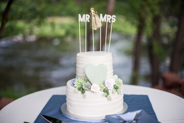 edible heart cactus and succulents on white tiered wedding cake with mr. and mrs. sign