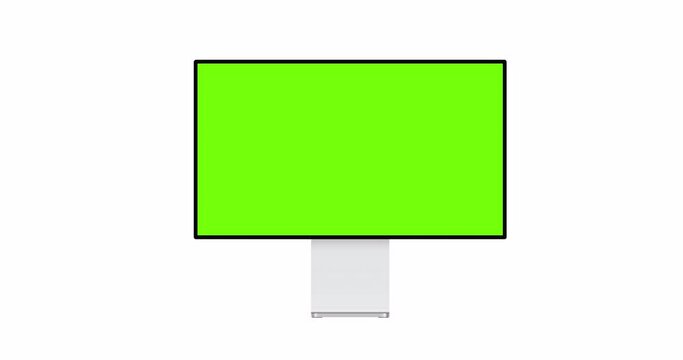Desktop PC mockup with blank green screen, front view, isolated on white background. 4K animation with camera track motion