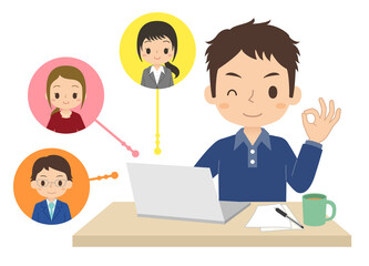 Fototapeta premium パソコンを使ってオンラインで仕事を共有する男性会社員 テレワーク イラスト