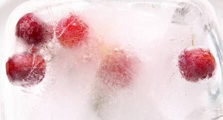 Fototapeta premium Small red plums frozen within a block of ice