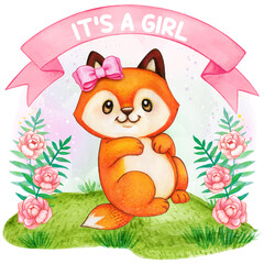 Cute watercolor fox girl baby illustration