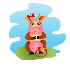 Obraz na płótnie Canvas Brown cheerful horned cow with a glass of milk, with a bow on the tail and horn. Vector children illustration. Funny cartoon character. Vector clip art. Isolated background. Farm animal. Cartoon