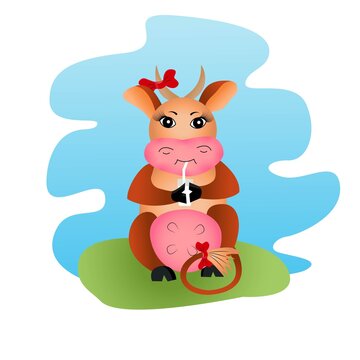 Brown cheerful horned cow with a glass of milk, with a bow on the tail and horn. Vector children illustration. Funny cartoon character. Vector clip art. Isolated background. Farm animal. Cartoon