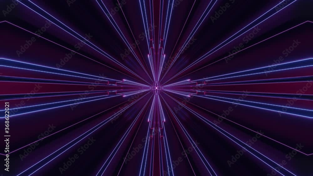 Poster sci-fi tunnel transformer with blue purple neon lights. 4k looped abstract high-tech tunnel. camera 