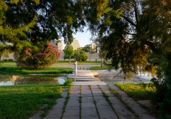 Valencia Garden in the old dry riverbed of the Turia river, park landscape leisure and sport area