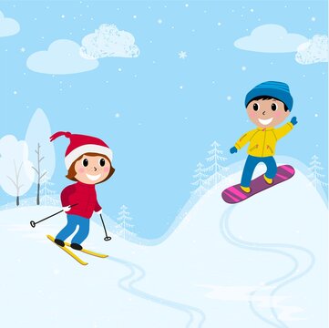 Happy girl skiing and boy snowboarding. Winter sport activity. Cartoon vector illustration