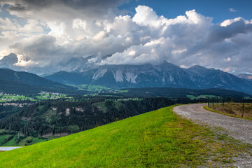 Dachstein mountain and summer valley views from Rohrmoos-Untertal, Austria.