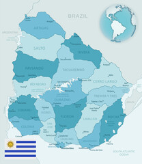 Blue-green detailed map of Uruguay administrative divisions with country flag and location on the globe.