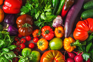 Fototapeta na wymiar Assortment of fresh ripe organic vegetables. Healthy vegan or vegetarian food background
