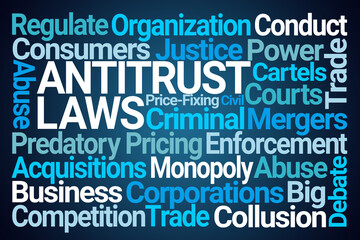 Antitrust Laws Word Cloud on Blue Background