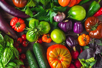 Fototapeta na wymiar Fresh ripe organic vegetables. Healthy vegan or vegetarian food background. top view