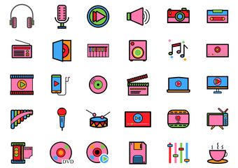 Music and Entertain icons set.Set of 30 icons for sound  such as cup of Coffee,Tv, equalizer,CD,DVD,computer,music note, loudspeaker.Vector voice and melody concept.