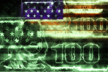 Concept of USA monetary and finance systems. One hundred American dollars banknote in glowing lines and with national flag overlay. Business background illustration