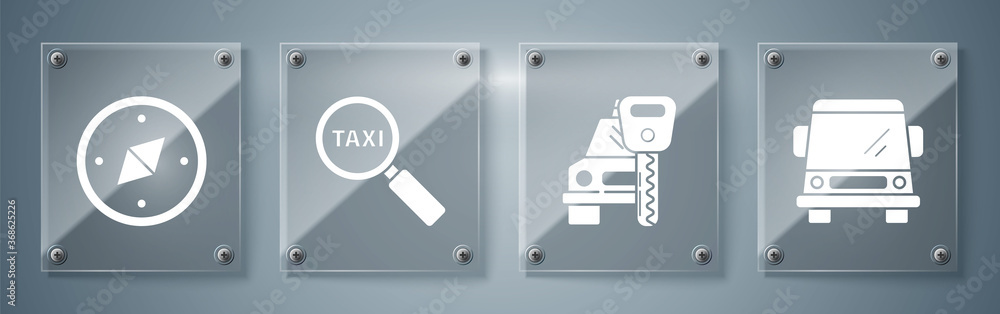 Sticker Set Car, Car rental, Magnifying glass and taxi car and Compass. Square glass panels. Vector.