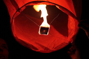 The Red Chinese Lantern with Fire Light in the Air