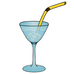 Martini with ice cubes. Refreshing cocktail. Colored vector illustration. Isolated white background. Cartoon style. Plastic drinking straw. A glass with an alcoholic drink. Light aperitif. Wine.