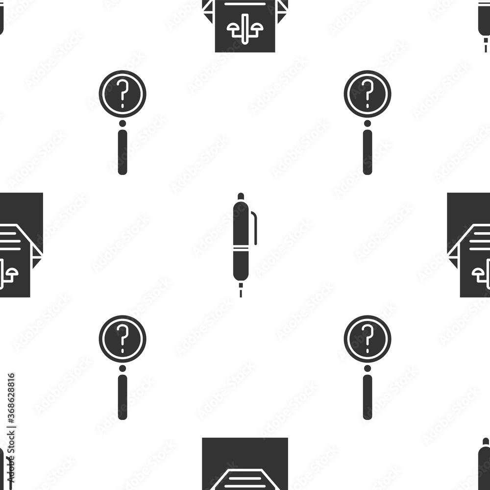 Poster set subpoena, pen and magnifying glass with search on seamless pattern. vector.