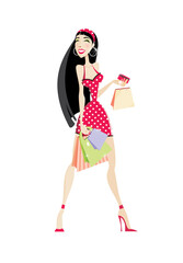 Happy smiling girl in red dress with bags. Shopping concept. Illustration. 