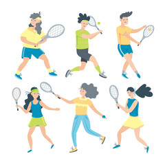Set of men and women playing tennis. Sportsmen and sportswomen