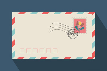 Postage envelope for letters and postage with stamp. For congratulations, valentines and love letters. Vector template for website and print. Stock illustration. Postage and delivery concept