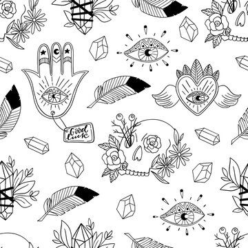 Seamless pattern with magic and witchcraft elements