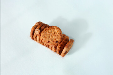 Homemade cookies with dried grapes on isolated white background. Tasty Homemade Cookies, Healthy breakfast with digestive cookies