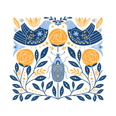 Folk art ornament with birds, roses, and bug, Scandinavian design